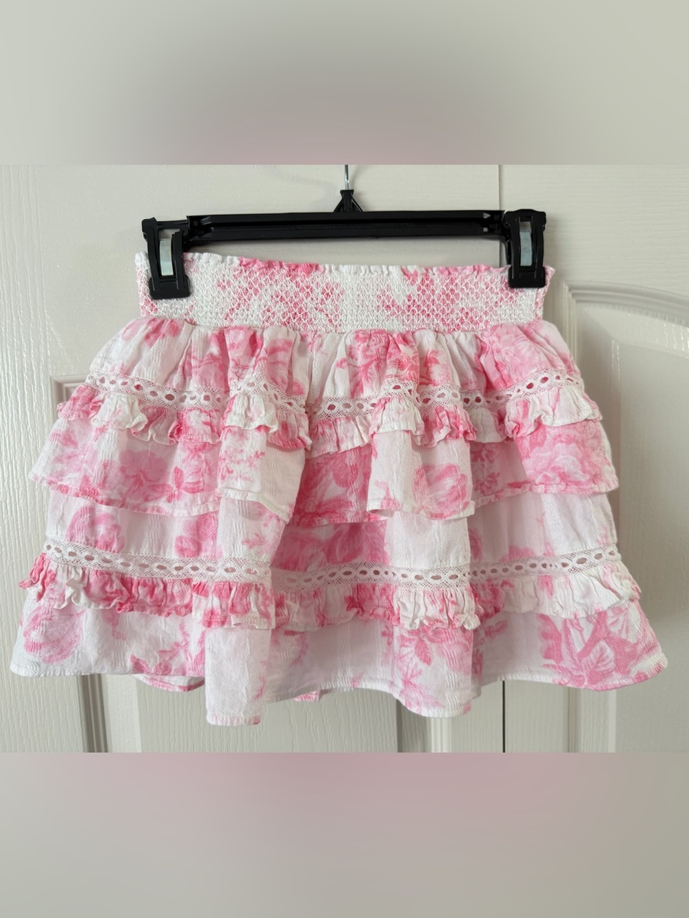 LoveShackFancy Pink & White Floral Tiered Ruffle Mini Skirt